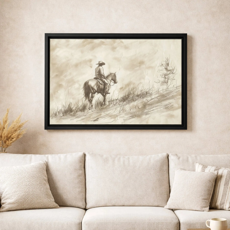 Western Cowboy Horseback Wall Art | Vintage Pencil Sketch Print | Gallery-Quality 1.25" Canvas | Rustic Farmhouse Home Decor Gift