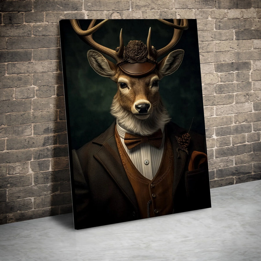 Dapper Deer Portrait Wall Art | Gentleman Stag in Suit and Hat | Premium Gallery Wrap Canvas | Rustic Farmhouse Office Decor Gift