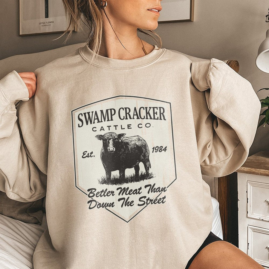 Swamp Cracker Cattle Co Sweatshirt | Vintage Farm Beef Logo Graphic | Premium Cotton Blend | Funny Cowboy Gift for Farmers and Ranchers