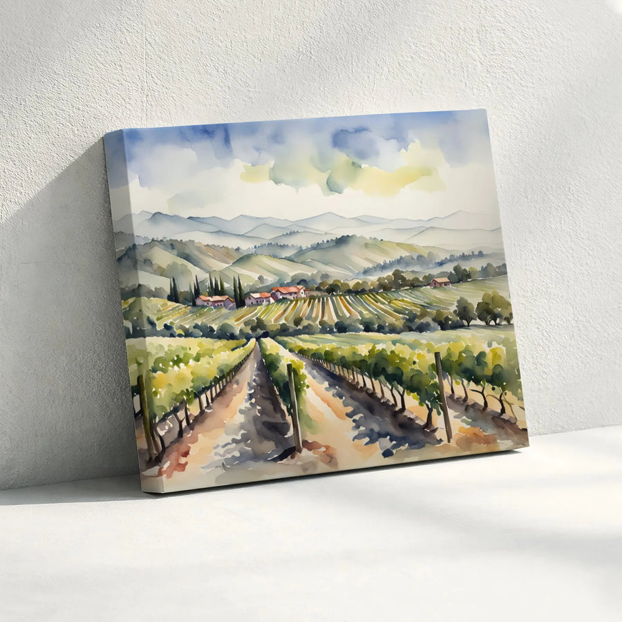 Watercolor Vineyard Landscape Canvas | Rolling Hills Tuscan Scene | Premium 1.25 Inch Gallery Wrap | Home Decor Wall Art Gift for Wine Lovers