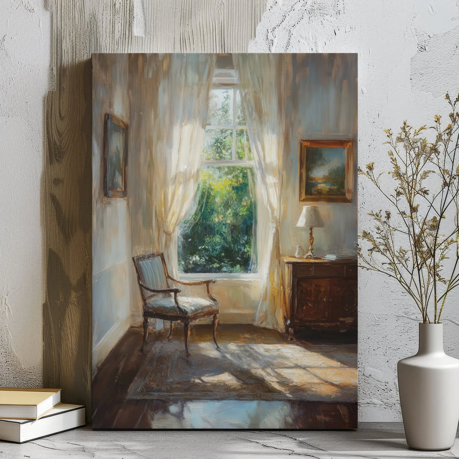 Sunlit Interior Canvas Wall Art | Impressionist Antique Chair Painting | Gallery Wrapped Premium Decor | Elegant Home and Office Living Room Gift