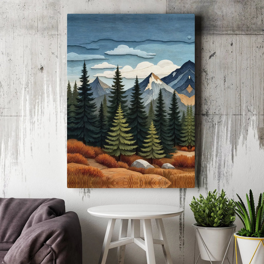 Mountain Forest Canvas Wall Art | Textured Fabric Effect Landscape | Premium Thick Gallery Wrap | Rustic Cabin Decor Gift for Nature Lovers