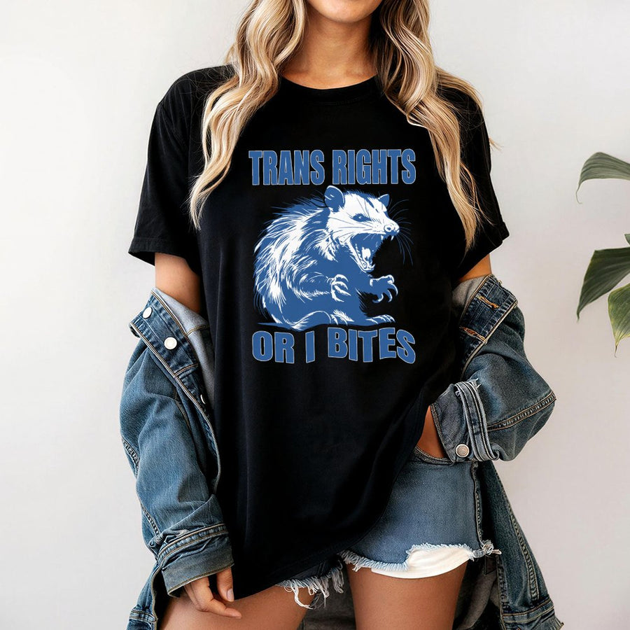 Trans Rights Or I Bite T-Shirt | Funny Opossum Graphic Tee | Premium 100% Cotton Unisex Apparel | LGBTQ Pride Gift For Queer Allies