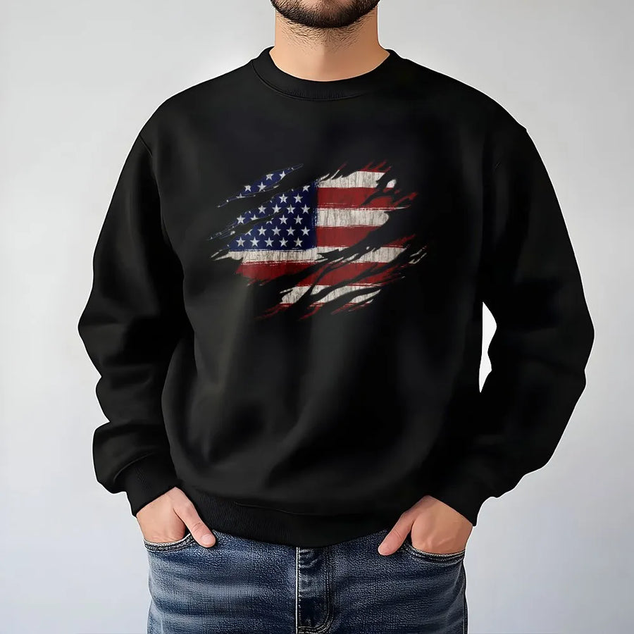 American Flag Sweatshirt | Vintage Tattered USA Flag Pullover | Soft Cotton Blend Crewneck | Unisex Patriotic 4th of July Gift