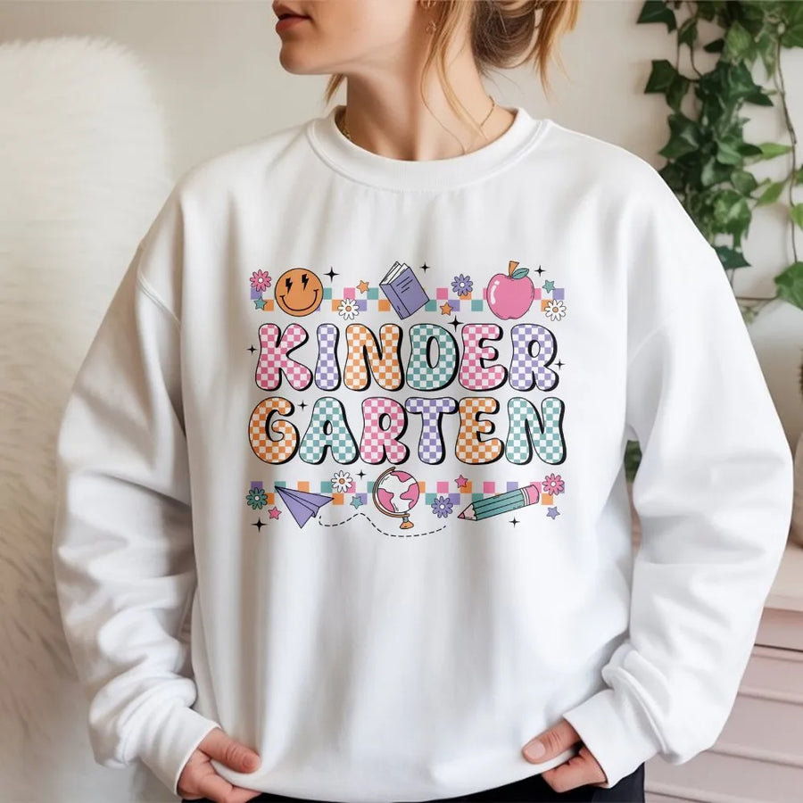 Kindergarten Teacher Shirt | Retro Groovy Back to School Graphic | Premium 100% Cotton Tee | Gift for Elementary Educator