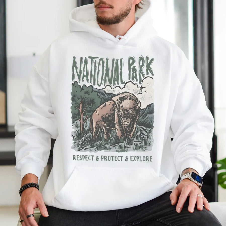 Bison National Park Hoodie | Vintage Nature Graphic Sweatshirt | Premium Cotton Blend | Gift for Nature Lovers and Hikers