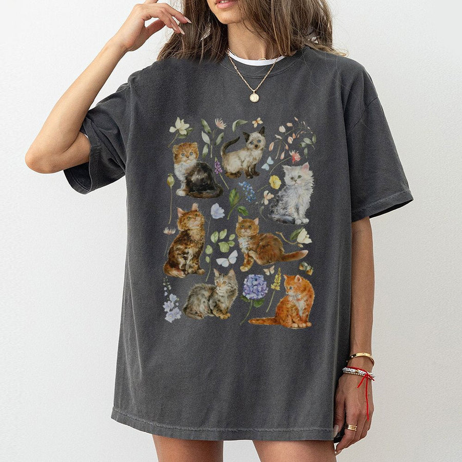 Vintage Cat T-Shirt | Watercolor Kitten and Wildflower Graphic | Premium 100% Cotton Tee | Aesthetic Gift for Cat Lovers