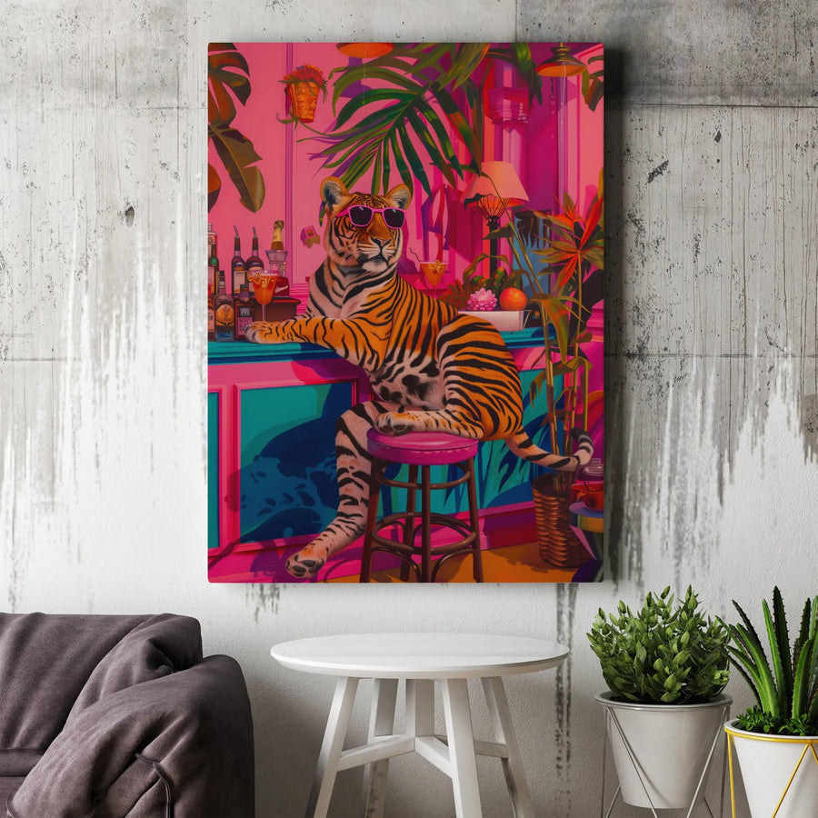 Tiger Canvas Wall Art | Pink Tropical Bar Pop Art Print | 1.25-Inch Gallery Wrap | Fun Jungle Animal Decor for Modern Home