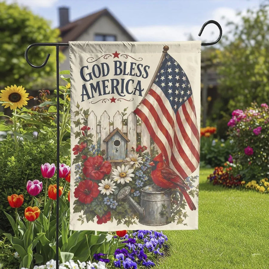 God Bless America Garden Flag | American Flag with Red Cardinal | Double Sided Weather Resistant Fabric | Patriotic Yard Decor Gift for Home
