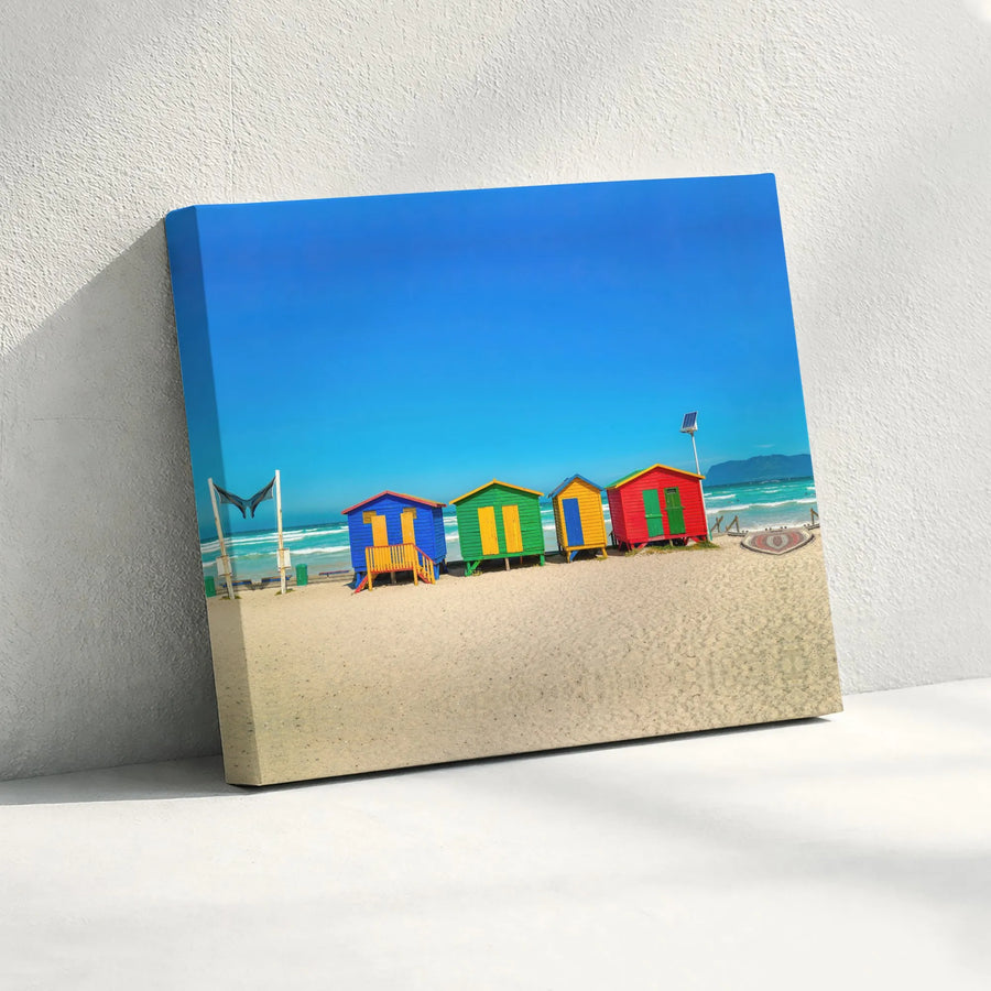 Colorful Beach Huts Canvas Wall Art | Vibrant Coastal Seaside Landscape | Premium Gallery-Wrapped Print | Home Decor for Living Room