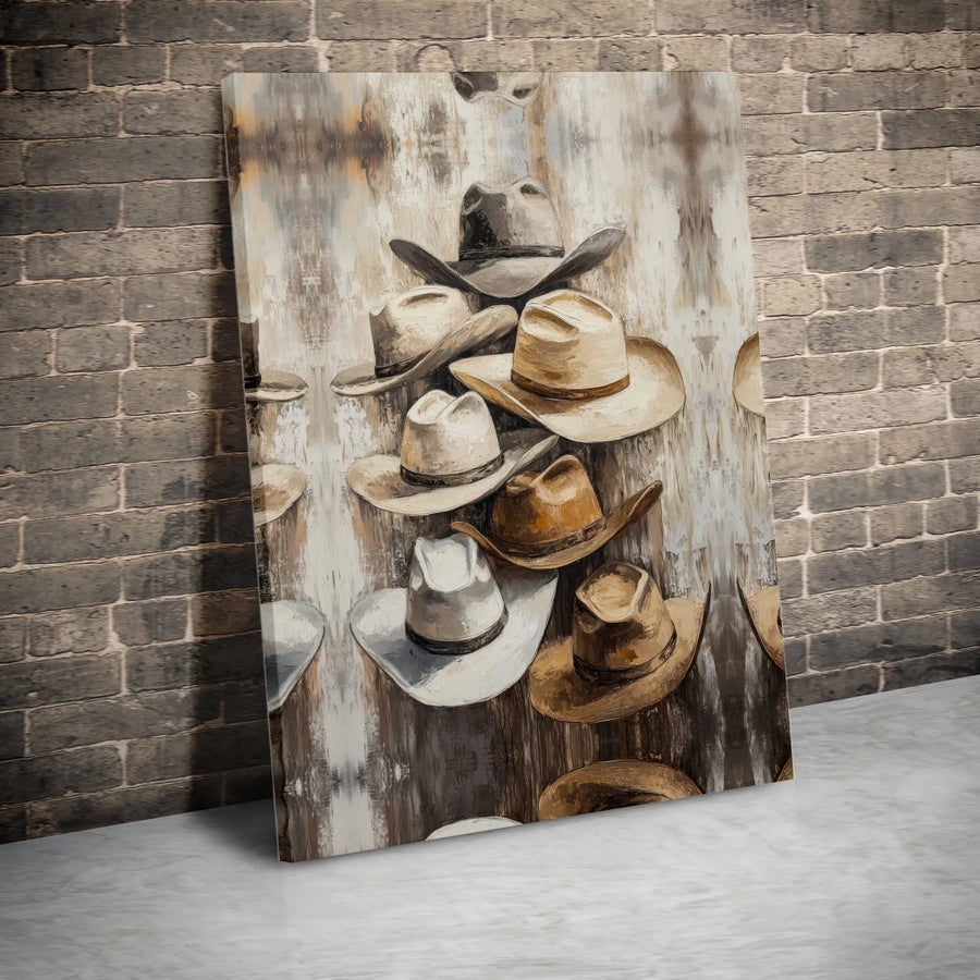 Cowboy Hat Canvas Wall Art | Rustic Hat Collection Painting | Premium Gallery Wrapped Canvas | Western Home Decor Gift for Him