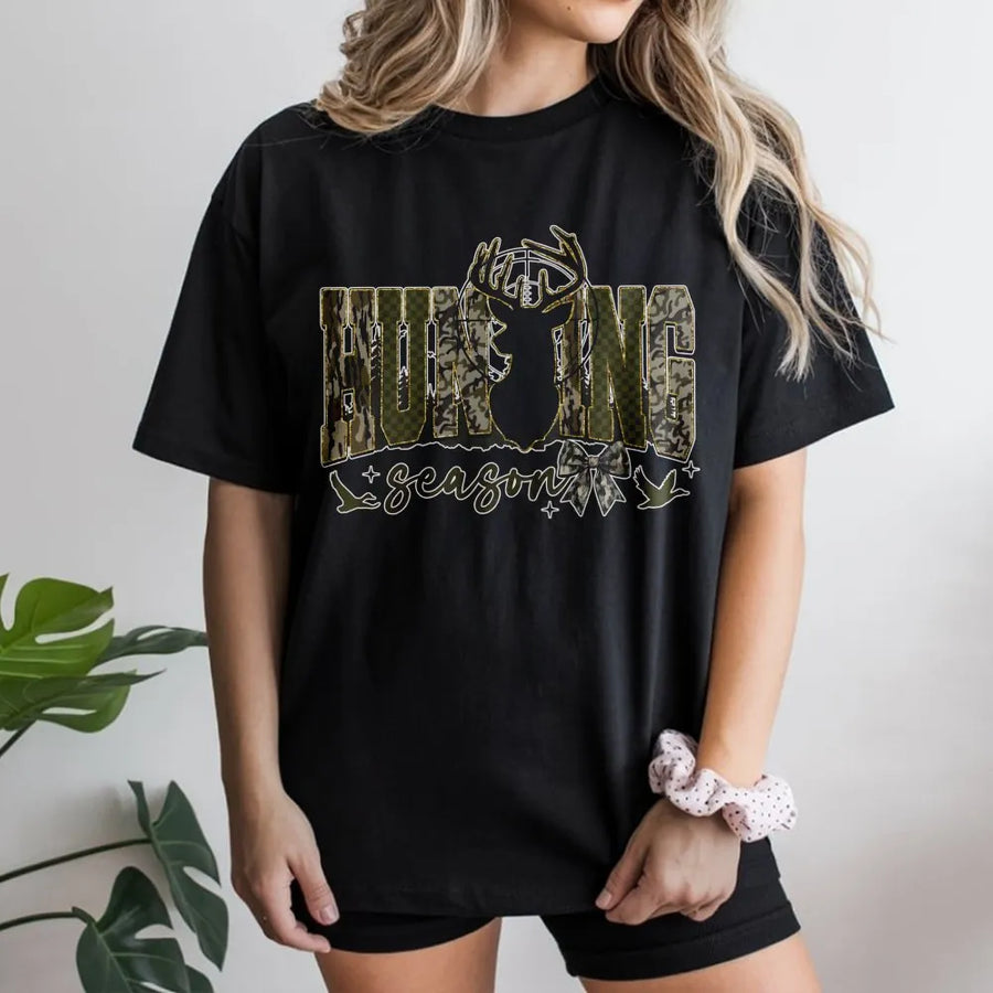 Hunting Season T-Shirt | Camo Deer Antler Graphic Design | 100% Cotton Premium Tee | Outdoors Gift for Hunters and Wildlife Enthusiasts