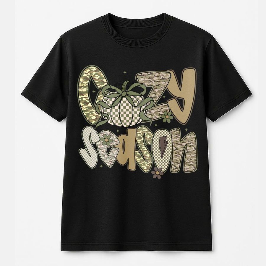 Cozy Season T-Shirt | Fall Pumpkin Camo Graphic Print | Premium Soft Cotton | Gift For Women Who Love Autumn Hunting Apparel