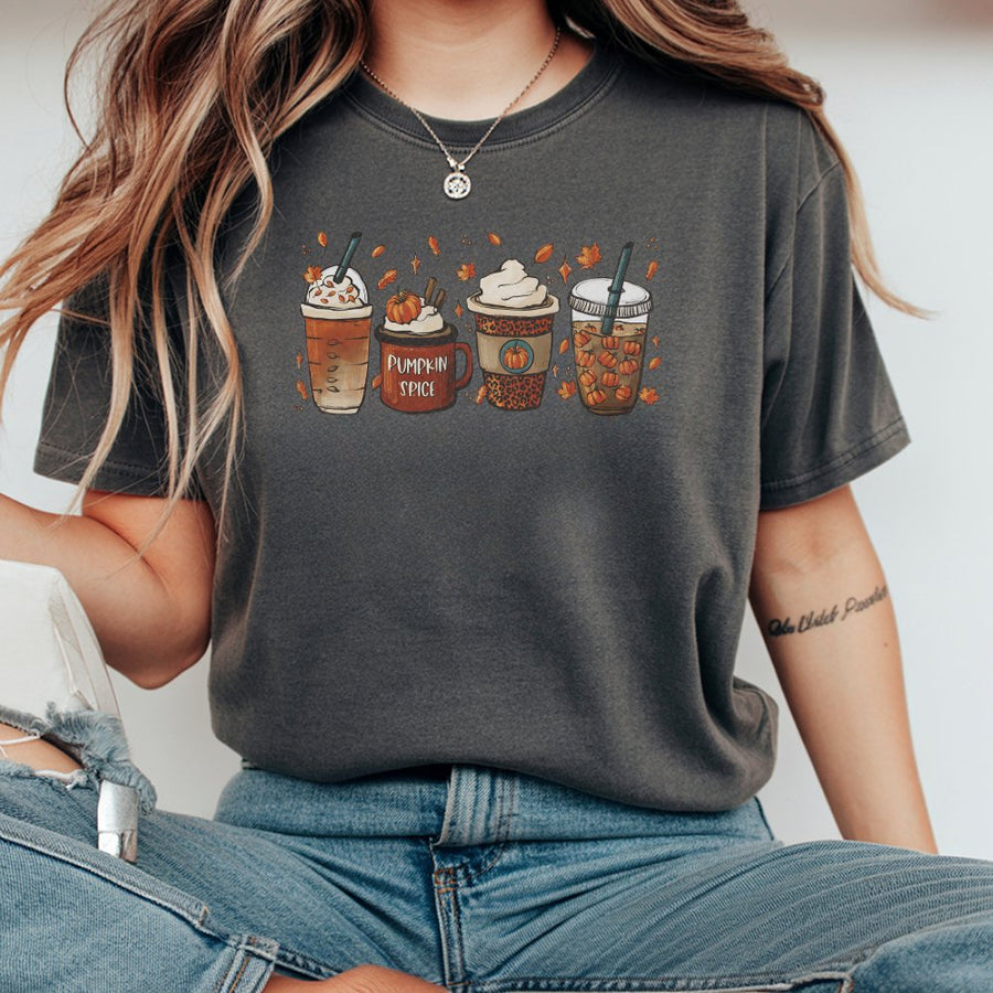 Pumpkin Spice Coffee T-Shirt | Autumn Leaves Graphic Art | 100% Soft Cotton | Cozy Fall Season Apparel Gift For Women And Coffee Lovers