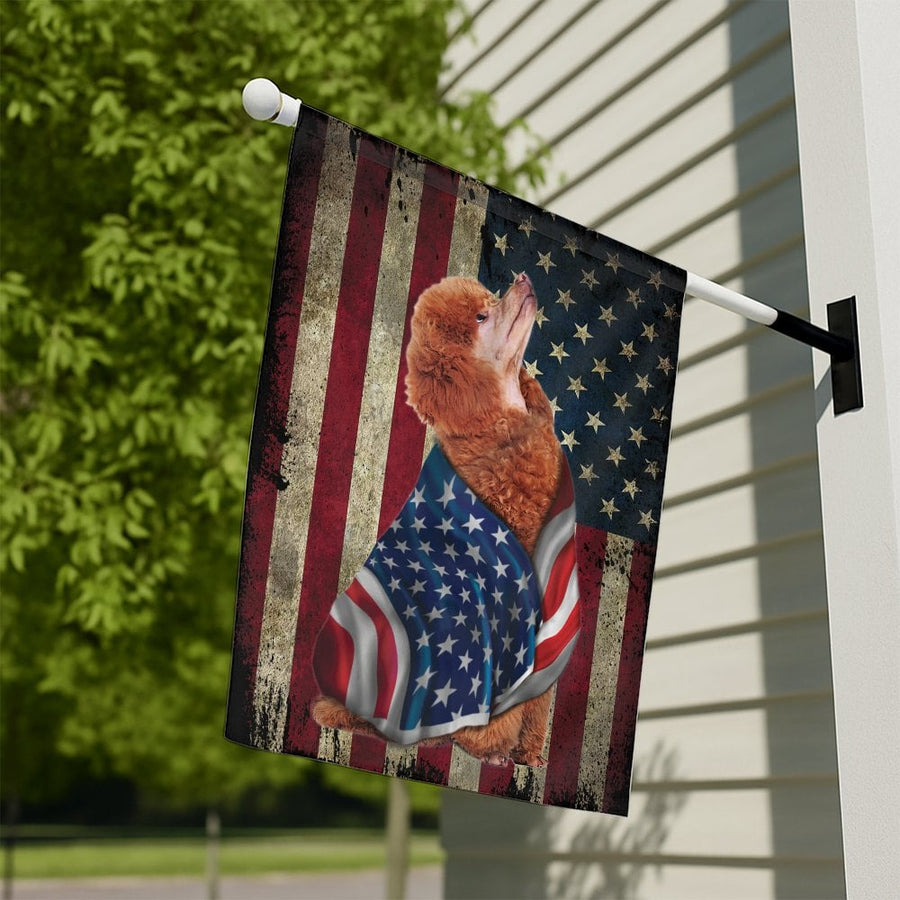 Red Poodle American Flag Garden Flag | Distressed Patriotic Dog Art | Premium Weather-Resistant Polyester | Gift for Dog Lovers & Veterans