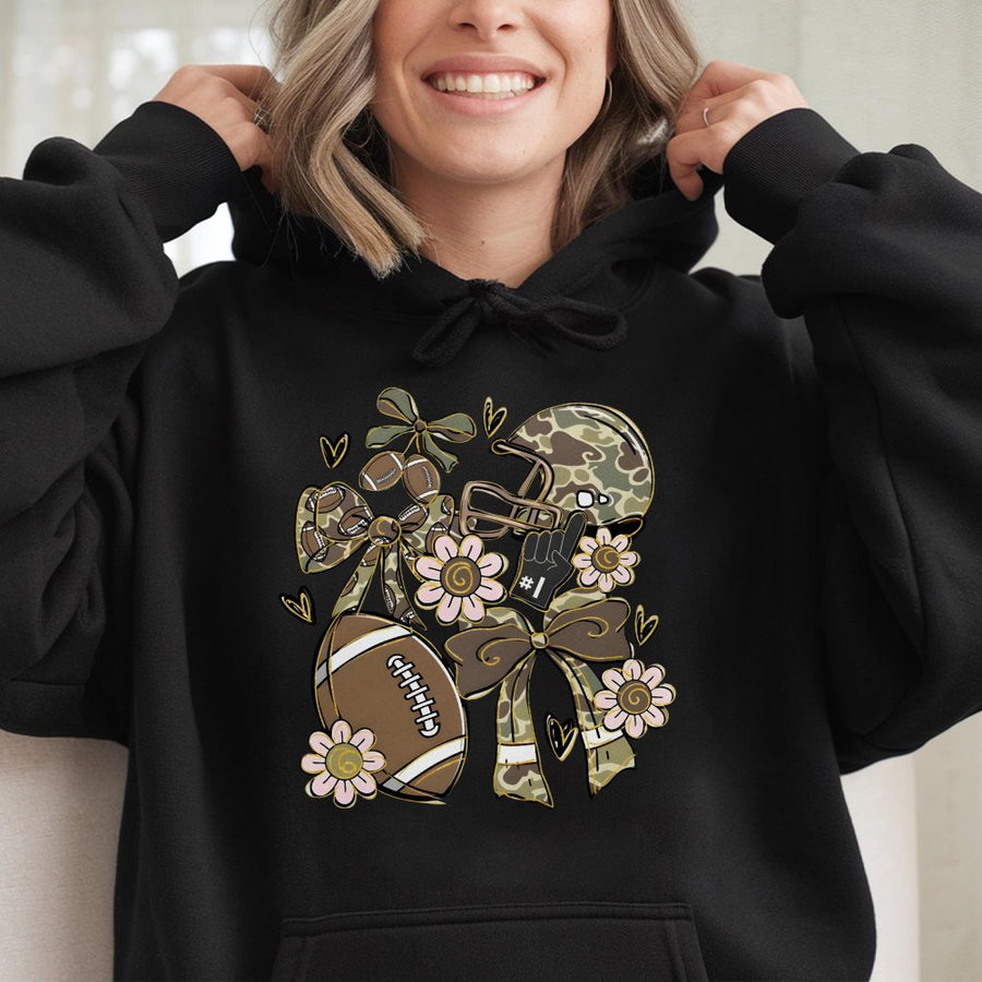 Football Camo Hoodie | Floral Game Day Graphic with Bows | Premium Cotton Blend | Cute Fall Sports Gift for Women and Football Moms