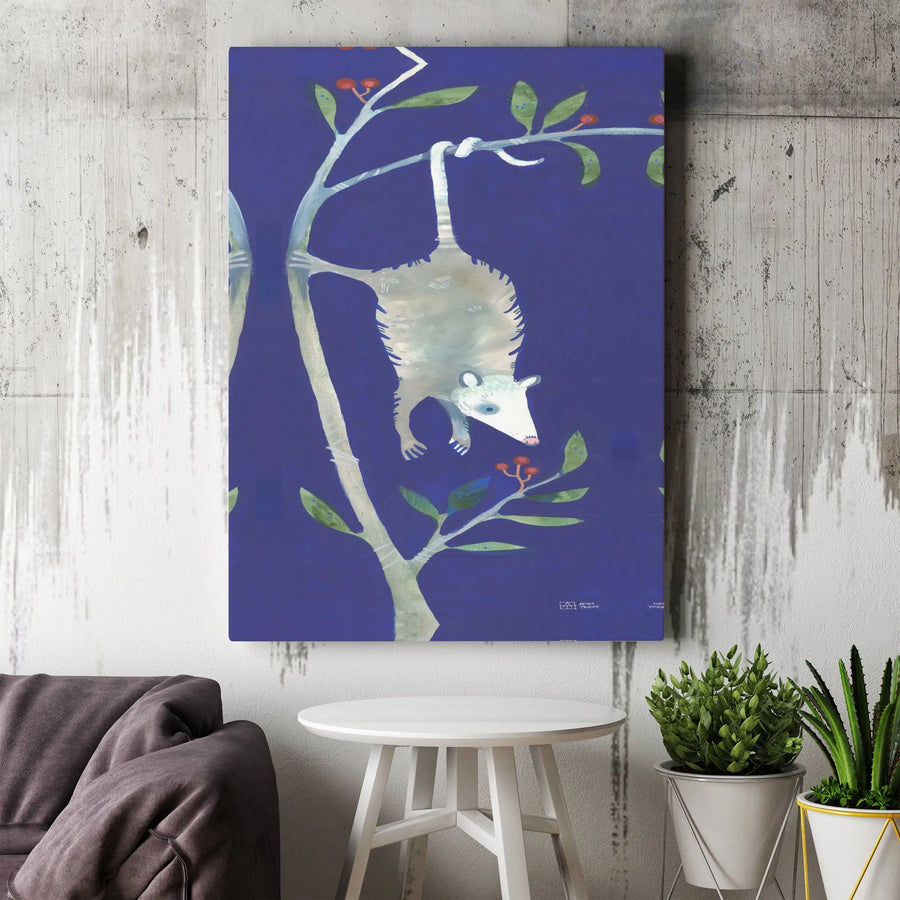 Opossum Wall Art Canvas | Hanging Possum with Red Berries Illustration | Premium Gallery Wrap Decor | Nature Wildlife Animal Gift for Home Office