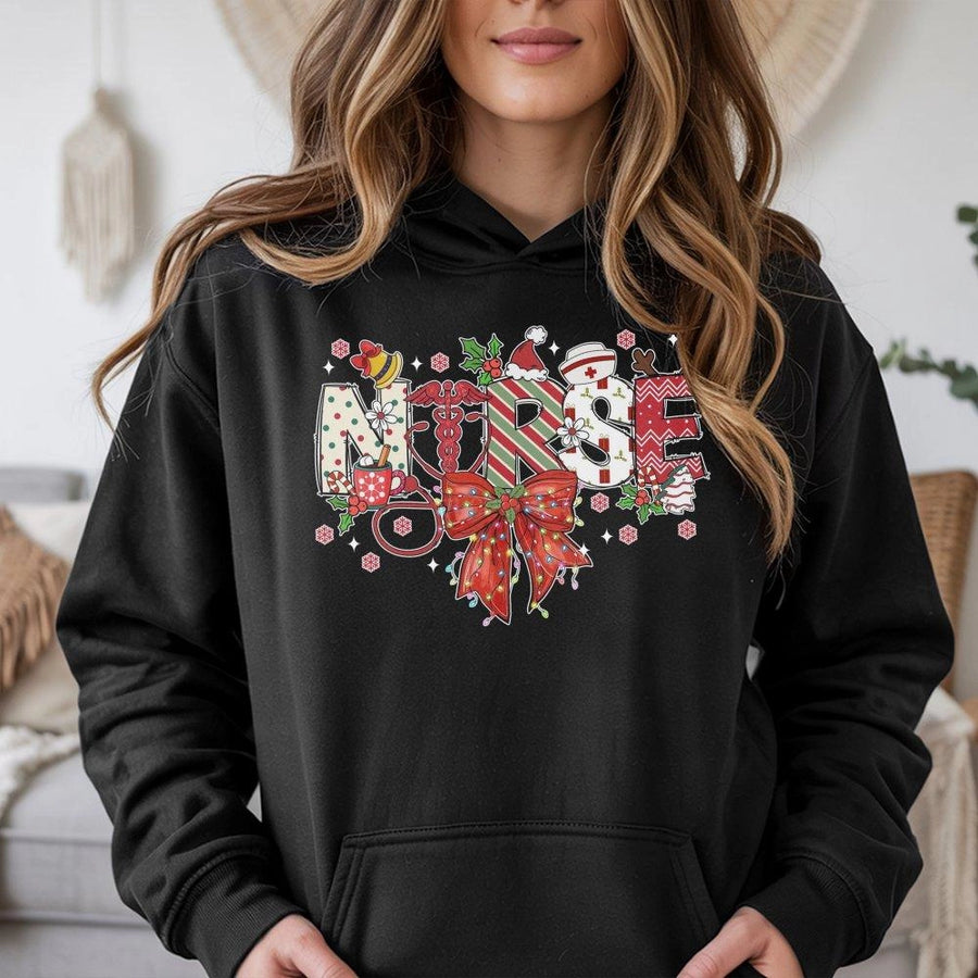 Christmas Nurse Hoodie | Festive Holiday Medical Graphic Sweatshirt | Cotton-Polyester Premium Quality | Gift for Registered Nurse, RN, LPN