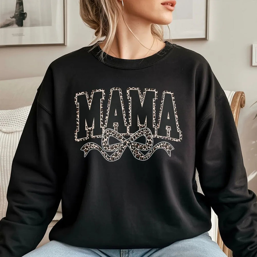 Mama Sweatshirt | Leopard Print Bow Graphic | Premium Soft Cotton Blend | Trendy Mom Life Gift for Mother's Day 2026