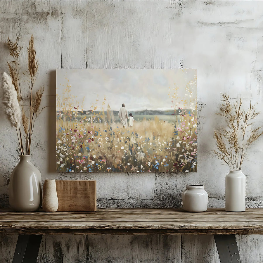 Jesus Walking With Child Canvas Print | Watercolor Wildflower Meadow Art | Gallery-Wrapped Premium Decor | Religious Christian Gift for Home