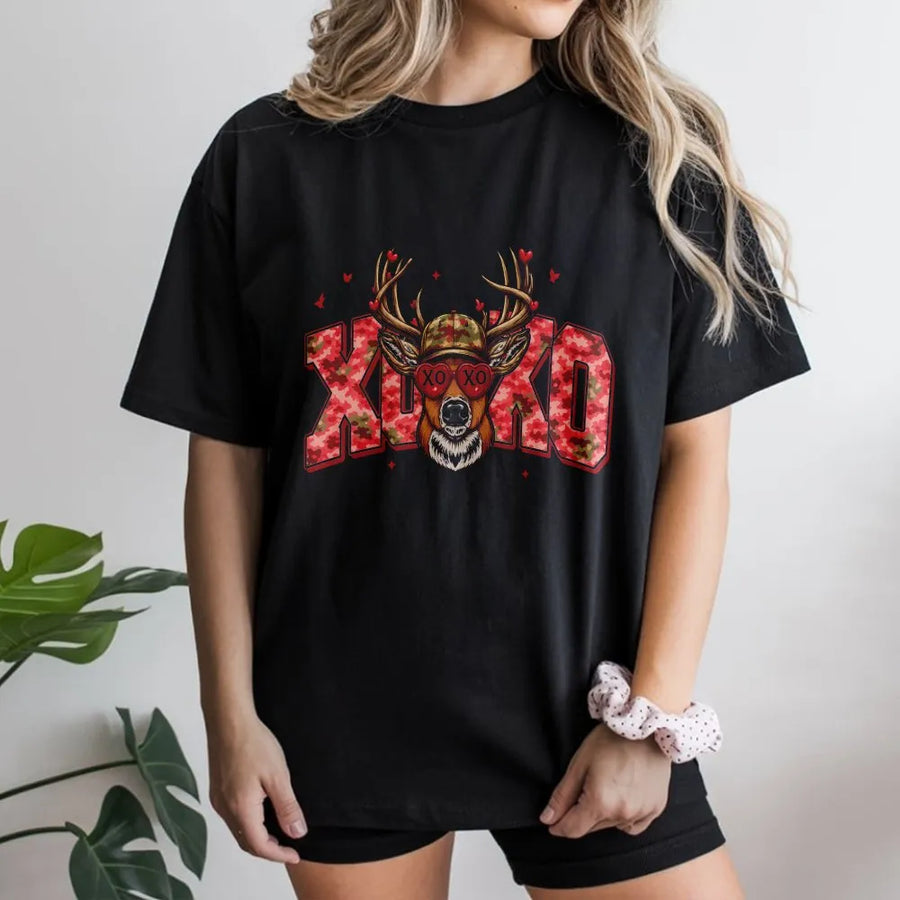 Valentine Deer T-Shirt | Pink Camo XOXO Graphic with Heart Sunglasses | Premium Soft Cotton Blend | Valentine's Day Gift for Her