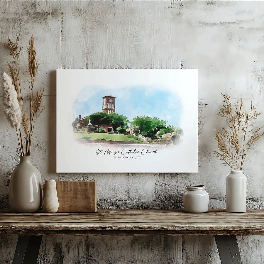 St. Mary's Catholic Church Windthorst TX Canvas Art | Watercolor Historical Building Print | Premium Gallery Wrap | Religious Home Decor Gift