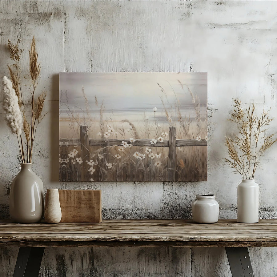 Rustic Wildflower Canvas Wall Art | Beach Grass and Wooden Fence Landscape | Premium Gallery Wrap Print | Modern Farmhouse Living Room Decor