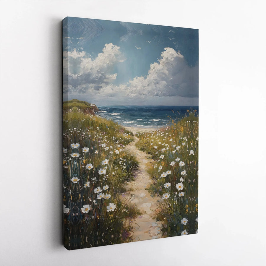 Coastal Wildflower Canvas Print | Impressionist Ocean Painting | Premium Gallery Wrapped Canvas | Beach House Decor Gift
