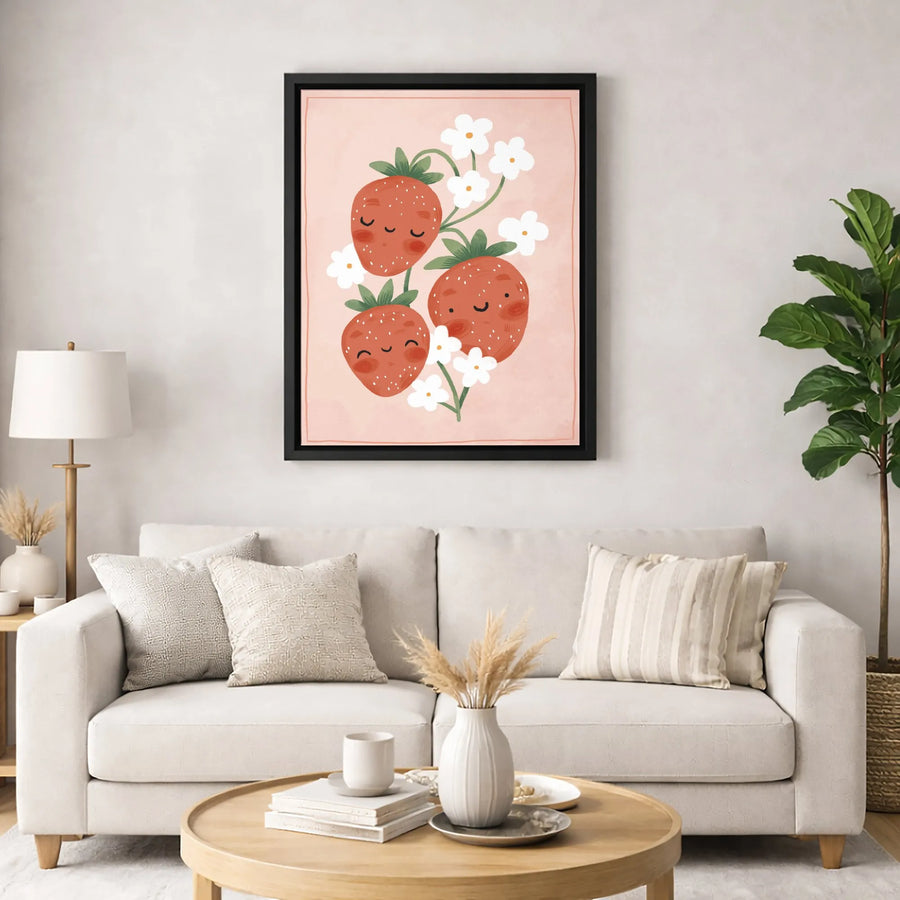 Cute Strawberry Wall Art | Kawaii Fruit Illustration Print | Premium 1.25" Gallery Canvas | Aesthetic Bedroom & Nursery Decor Gift