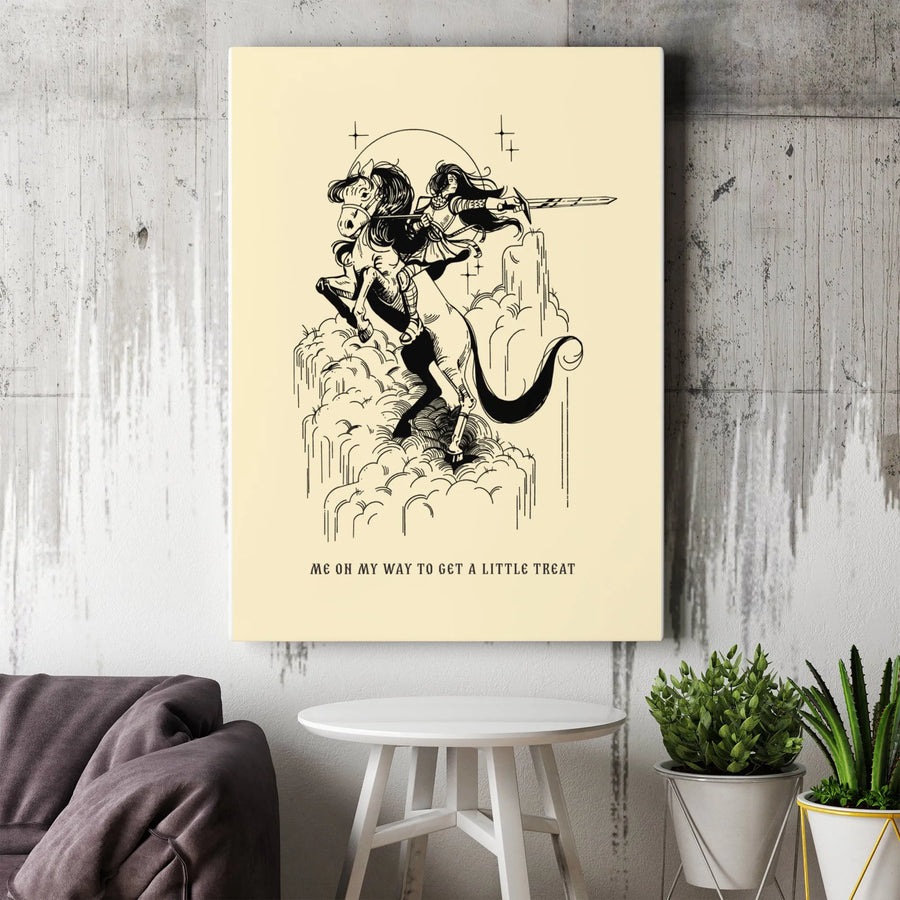 Funny Knight Meme Canvas Print | Vintage Line Art 'A Little Treat' Quote | Premium Gallery Wrapped Canvas | Humorous Wall Decor Gift