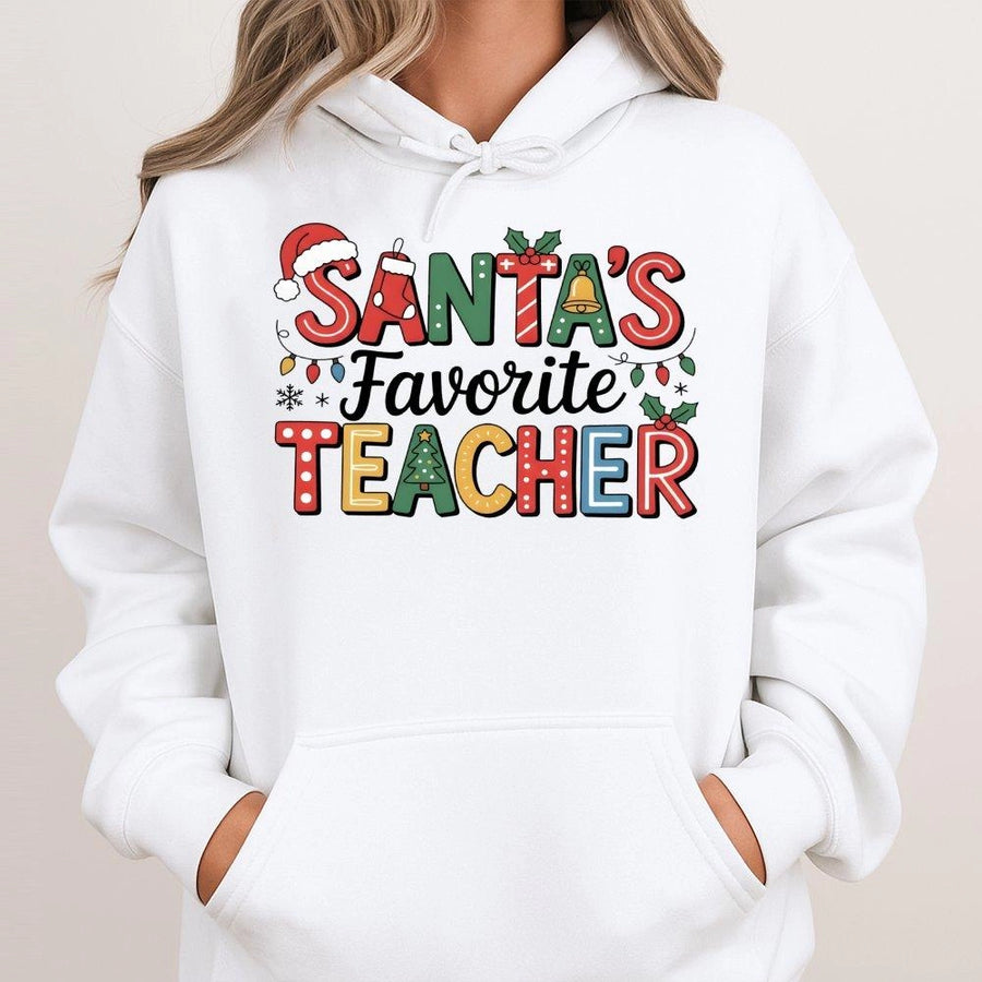 Santa's Favorite Teacher Hoodie | Festive Holiday Typography Design | Soft Cotton-Polyester Premium Blend | Perfect Christmas Gift for Teachers