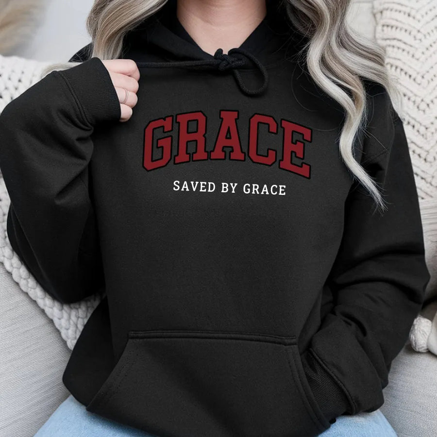 Grace Christian Hoodie | Saved By Grace Vintage Faith Apparel | Premium Cotton Blend | Unisex Religious Gift for Men & Women