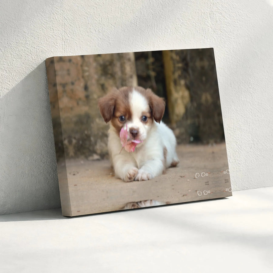 Cute Puppy Canvas Wall Art | Adorable Dog with Pink Flower Photo | Premium Gallery Wrapped Print | Gift for Dog Lovers & Nursery Decor