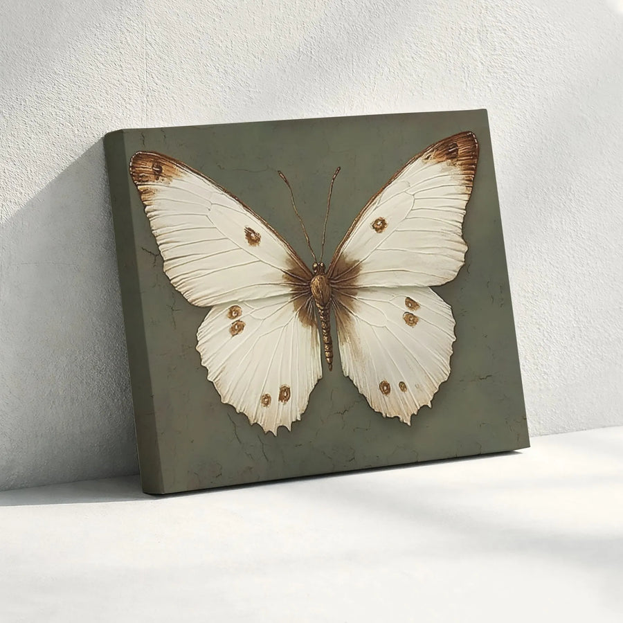 White Butterfly Wall Art | Vintage Distressed Insect Illustration | Premium Gallery Canvas | Botanical Home Decor for Living Room Gift