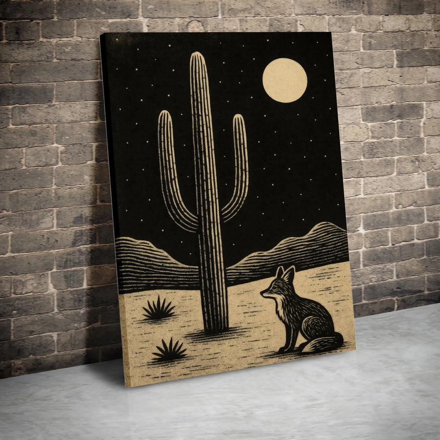 Saguaro Cactus Night Vertical Canvas | Minimalist Fox and Moon Block Print Art | Premium 1.25" Thick Gallery Wrap | Southwestern Desert Decor Gift