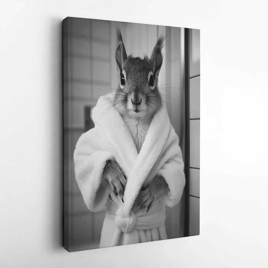 Funny Squirrel in Robe Vertical Canvas | Black and White Animal Photography | Premium 1.25" Thick Wall Art | Modern Bathroom Decor Gift for Men