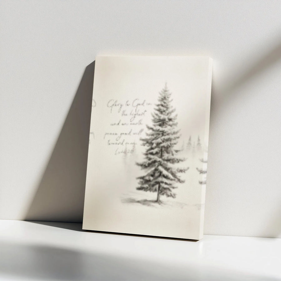Glory To God Luke 2:14 Canvas | Snowy Pine Tree Religious Art | Premium Gallery Wrap | Christian Christmas Wall Decor Gift