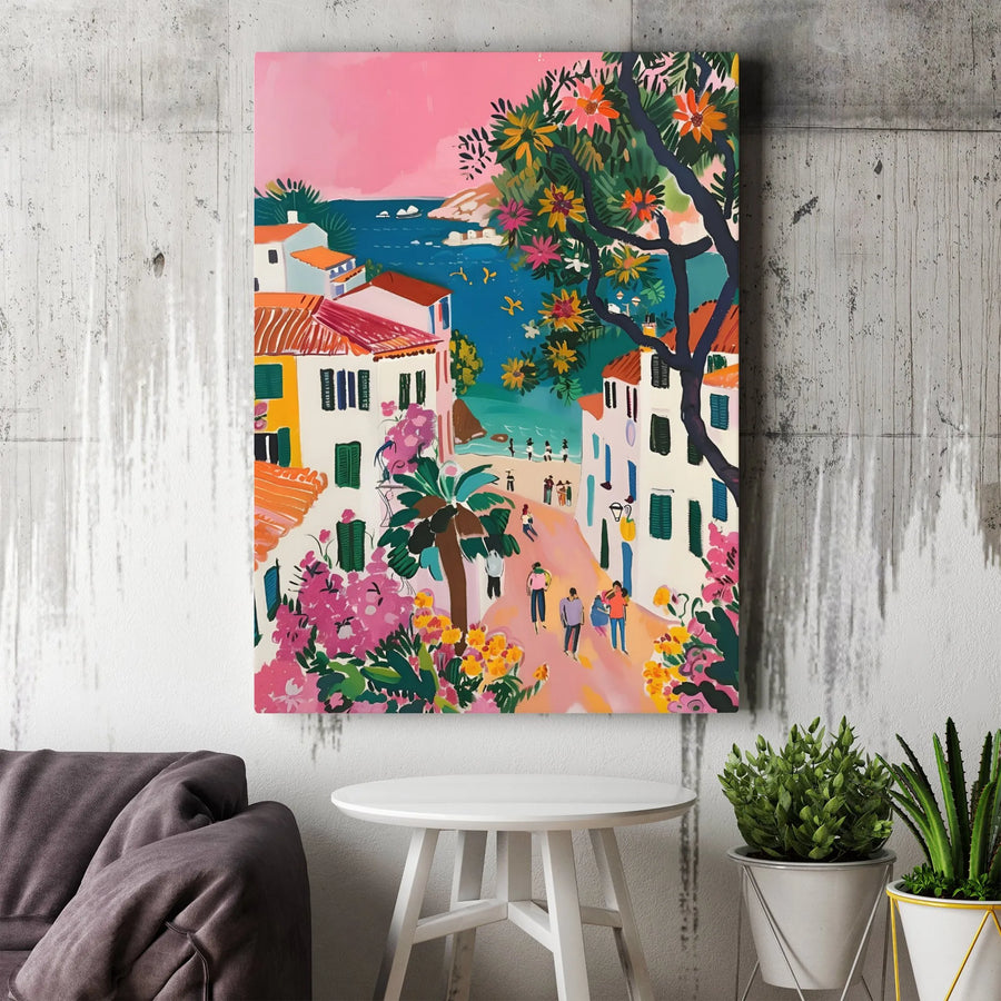Mediterranean Coastal Village Canvas Print | Vibrant Seaside Town Artwork | Gallery Wrapped Premium Wall Decor | Amalfi Coast Inspired Gift