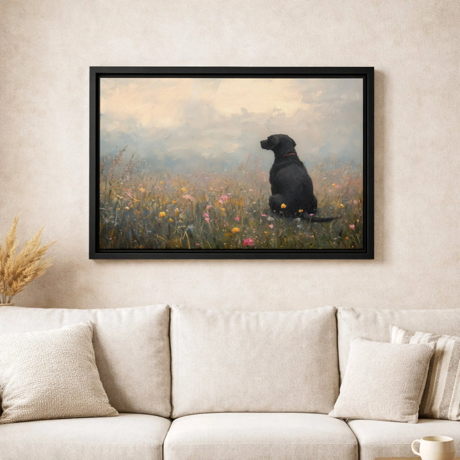 Black Labrador Canvas Art | Impressionist Wildflower Meadow Painting | Premium Gallery Wrap Print | Dog Lover Home Decor Gift