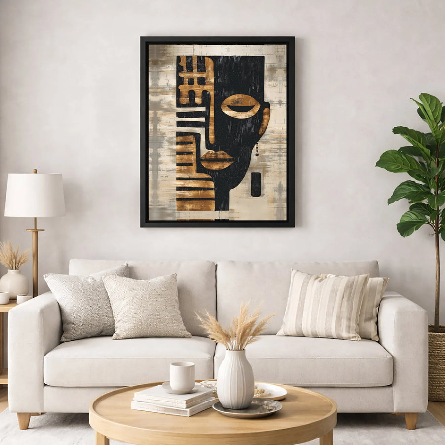 Abstract African Tribal Mask Wall Art | Black and Gold Geometric Face Print | Premium Gallery Wrapped Canvas | Modern Home Decor Gift
