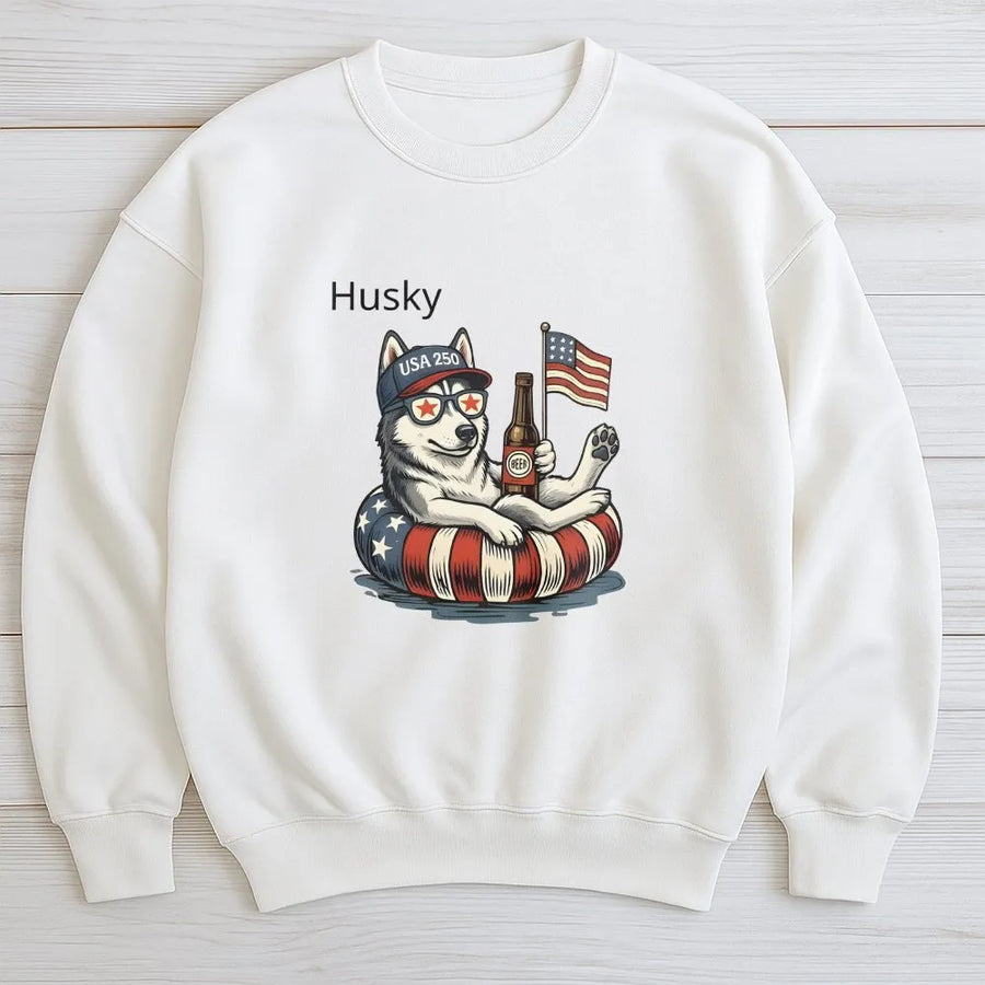 USA 250th Anniversary Husky Sweatshirt | Funny Patriotic Dog with American Flag | Premium Cotton Blend Sweatshirt | Unisex Gift for Dog Lovers