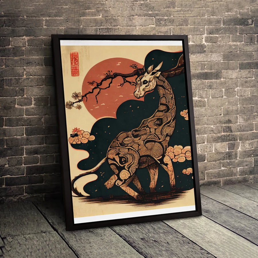 Japanese Giraffe Canvas Wall Art | Ukiyo-E Style Minimalist Animal Print | Premium 1.25" Gallery Wrap | Unique Home Office Decor Gift