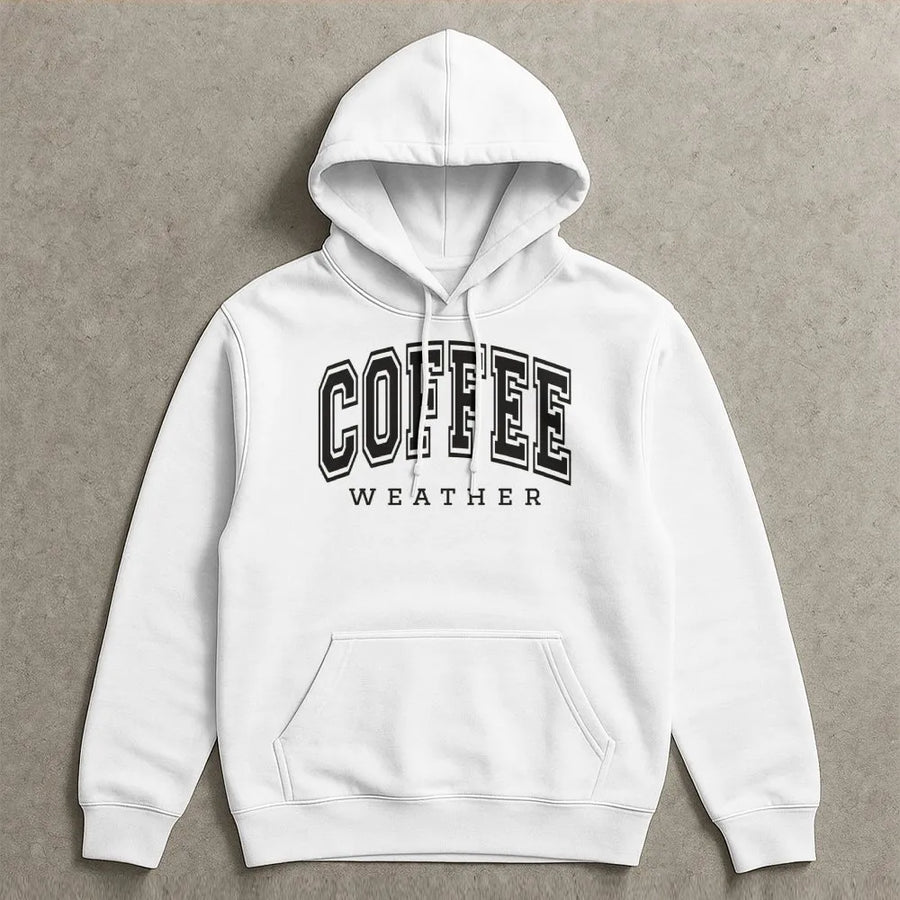 Coffee Weather Hoodie | Varsity Font Graphic Sweatshirt | Premium Cotton Blend | Cozy Fall Gift for Coffee Lovers