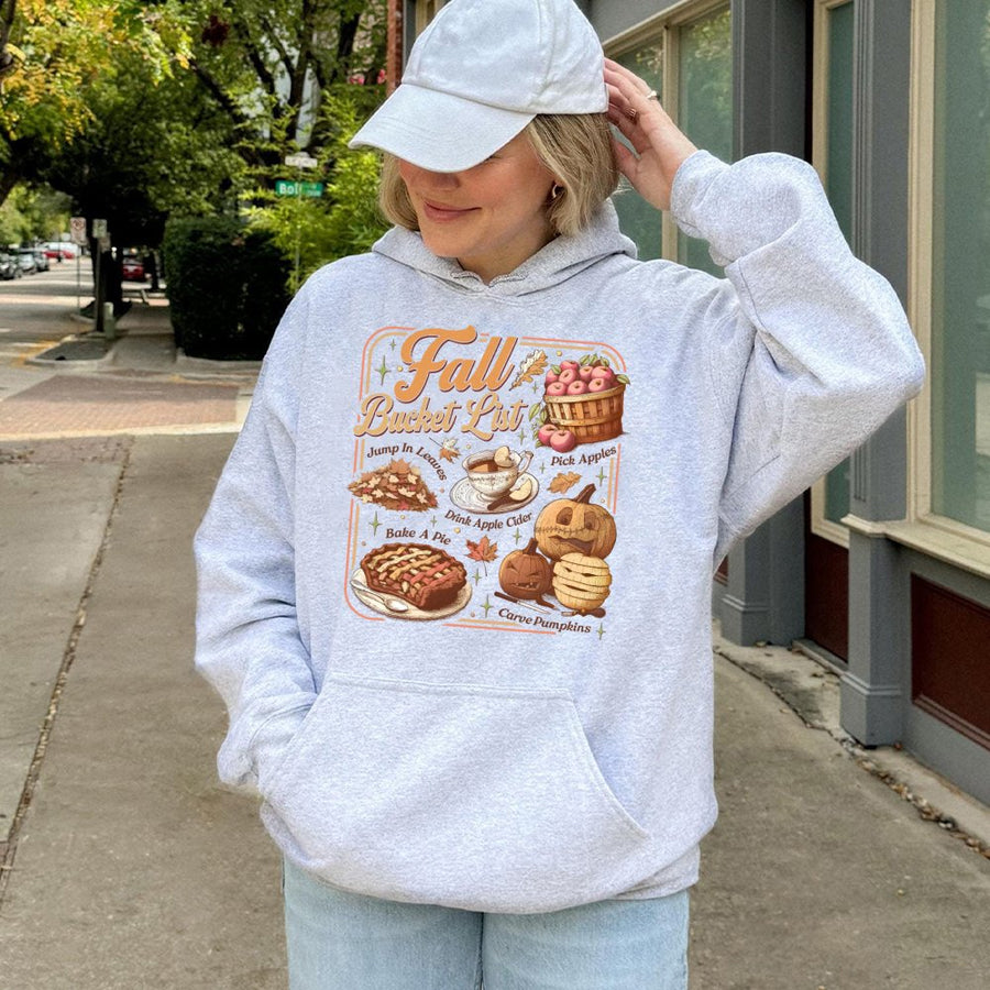 Fall Bucket List Hoodie | Cozy Pumpkin Spice Aesthetic Sweater | Premium Cotton Blend | Autumn Thanksgiving Gift for Her