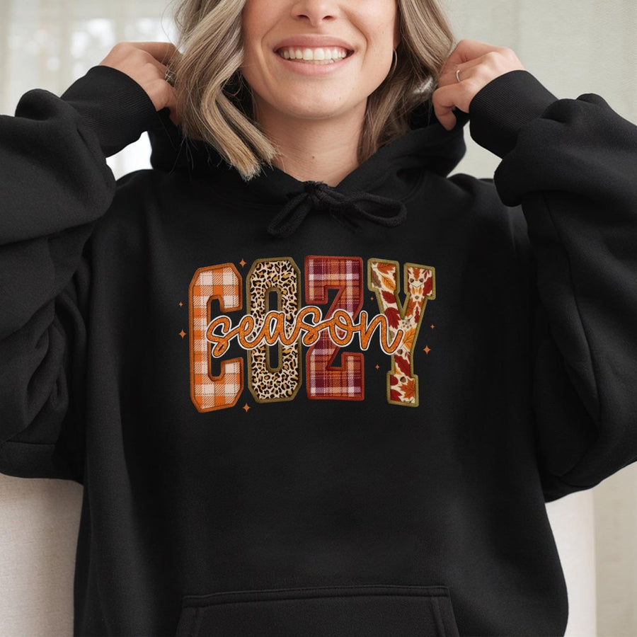 Cozy Season Hoodie | Plaid and Leopard Fall Graphic Design | Premium Cotton Blend | Gift for Her Autumn Sweatshirt