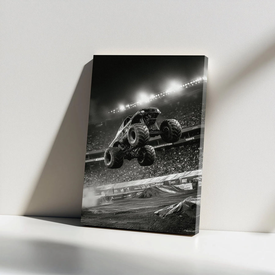 Monster Truck Canvas Wall Art | Black and White Action Photography | Premium 1.25" Thick Gallery Print | Motorsports Gift for Boys Room & Man Cave Decor