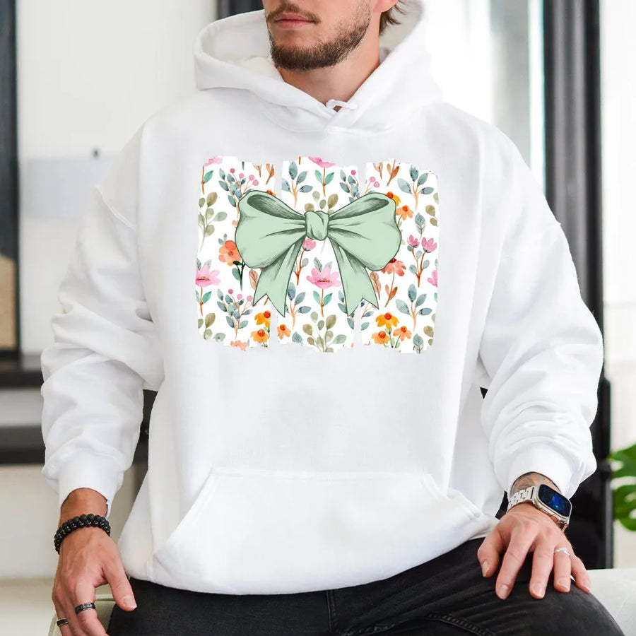 Coquette Bow Hoodie | Floral Wildflower Botanical Print | Soft Cotton-Polyester Blend | Trendy Aesthetic Gift For Her