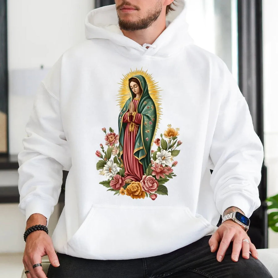 Our Lady Of Guadalupe Hoodie | Floral Virgin Mary Graphic Art | Premium Soft Cotton Blend | Catholic Faith Christian Gift For Her