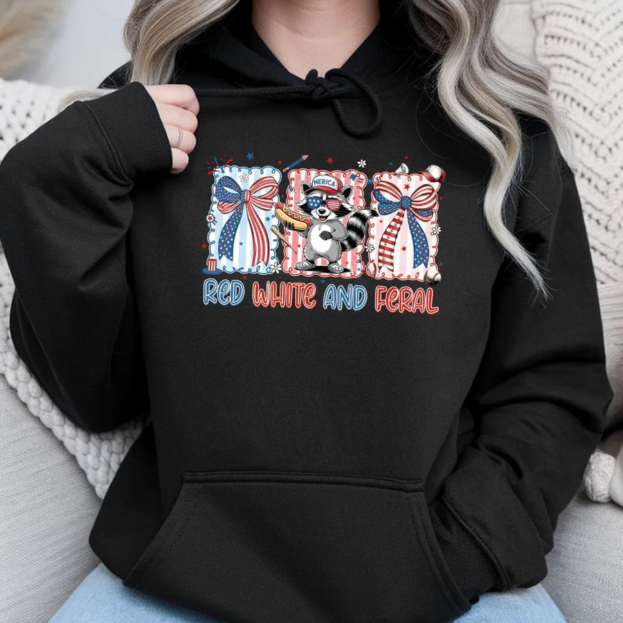 Red White and Feral Raccoon Hoodie | Funny USA Independence Day Graphic Tee | Soft Breathable Cotton | Patriotic Animal Lover Gift