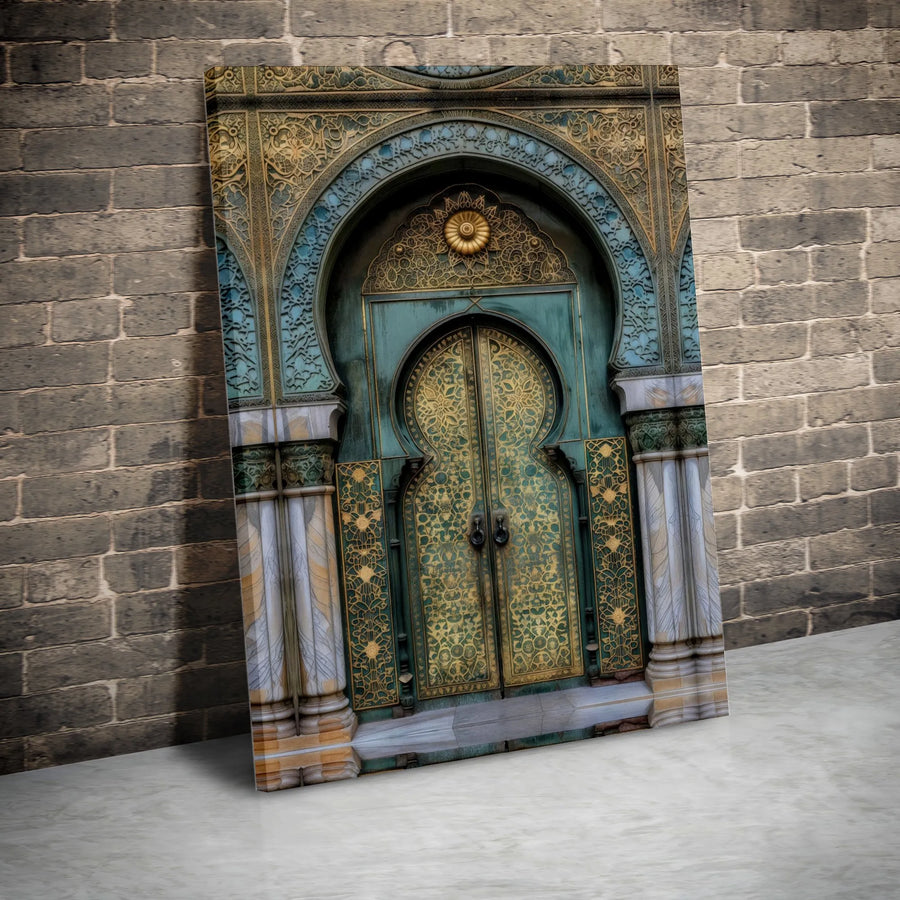 Moroccan Door Canvas Wall Art | Ornate Gold & Teal Arabesque Pattern | Premium 1.25-Inch Gallery Wrap | Elegant Home Decor Gift